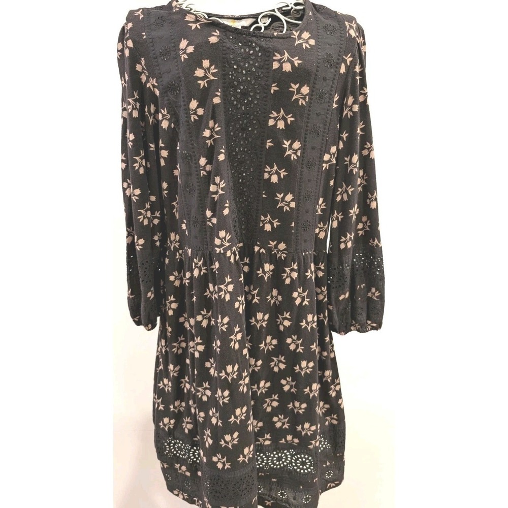 Boden Women Dress Sz 10 Floral Tulip Print Eyelet Lace Long Sleeve Black